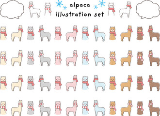 マフラーを巻いたアルパカのイラストセット（吹き出し付き）
