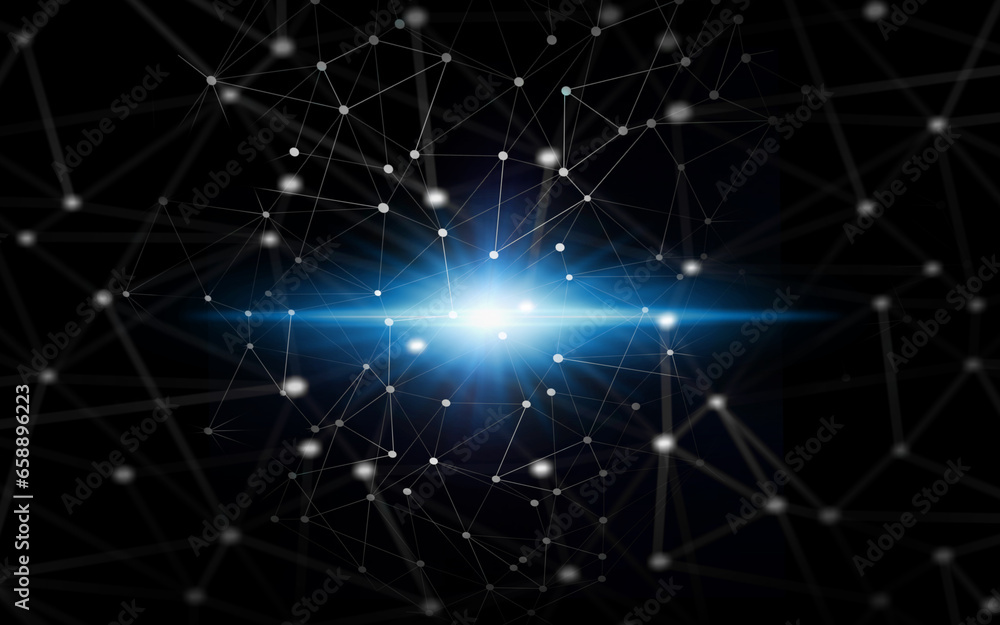 Poster light, black background and star with space, galaxy and pattern graphic with vortex wallpaper. flash
