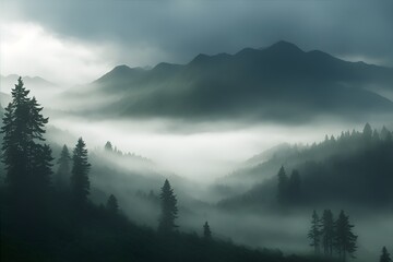 Mystery misty morning in the forest mountains. 