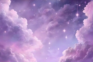 Fantasy sky with sugar cotton purple clouds and stars dreamy background 