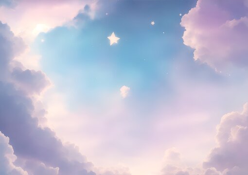 Fantasy sky with sugar cotton purple clouds and stars dreamy background 