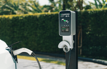 EV electric car charging in green sustainable city outdoor garden in summer. Urban sustainability...