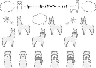 ふわふわのアルパカのイラストセット（吹き出し付き）白黒