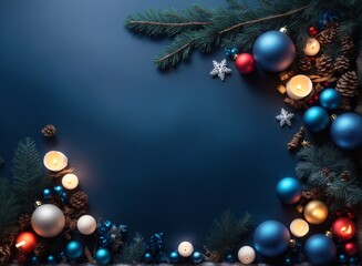 Obraz na płótnie Canvas Christmas and Happy New Year banner with festive decorations on dark blue background flatlay