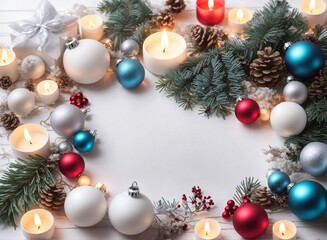 Fototapeta na wymiar Christmas and Happy New Year banner with festive decorations on white background flatlay