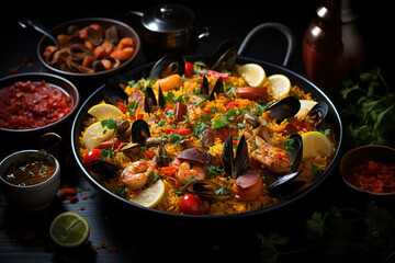 Traditional Spanish seafood paella, a rice dish with clams, shrimp, and mussels, cooked in a paella...