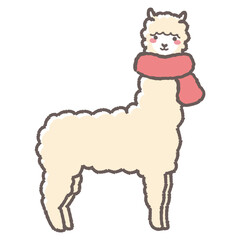 マフラーを巻いたふわふわのアルパカのイラスト（全身）