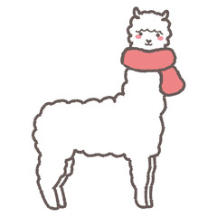 マフラーを巻いたふわふわのアルパカのイラスト（全身）