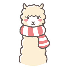 マフラーを巻いたふわふわのアルパカのイラスト（正面向きの顔）