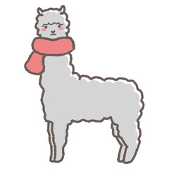 マフラーを巻いたふわふわのアルパカのイラスト（全身）