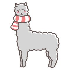マフラーを巻いたふわふわのアルパカのイラスト（全身）