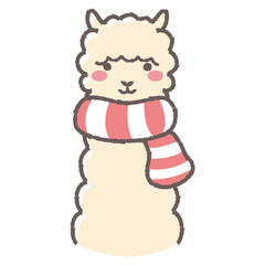マフラーを巻いたふわふわのアルパカのイラスト（正面向きの顔）