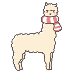 マフラーを巻いたふわふわのアルパカのイラスト（全身）