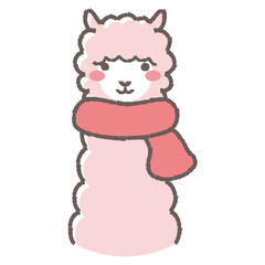 マフラーを巻いたふわふわのアルパカのイラスト（正面向きの顔）