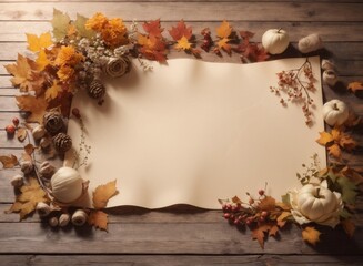 Naklejka na ściany i meble Blank parchment paper with autumn florals and plants like pinecones, flowers, maple leaves,.. on wooden table, top view