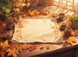 Naklejka na ściany i meble Top view of blank paper and coffee on table next to window decorated with autumn plants