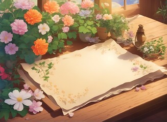 Blank parchment paper with spring florals on wooden table, top view