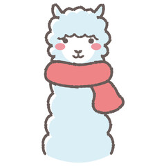 マフラーを巻いたふわふわのアルパカのイラスト（正面向きの顔）