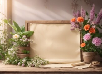 Blank parchment paper with spring florals on wooden table top view