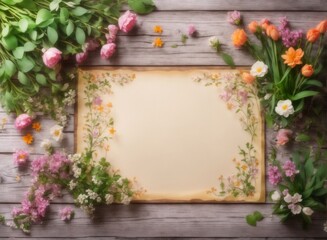 Fototapeta na wymiar Blank parchment paper with spring florals on wooden table top view