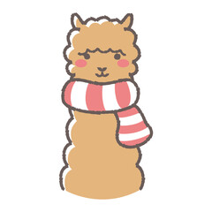 マフラーを巻いたふわふわのアルパカのイラスト（正面向きの顔）