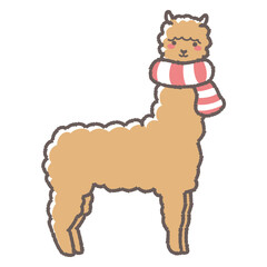 マフラーを巻いたふわふわのアルパカのイラスト（全身）