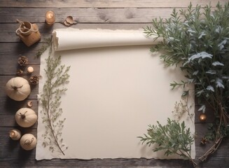 Blank parchment paper with winter elements like flowers, leaves and pinecones on wooden table