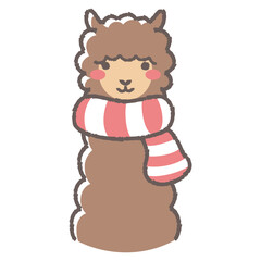 マフラーを巻いたふわふわのアルパカのイラスト（正面向きの顔）