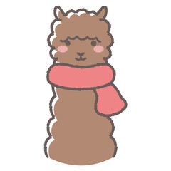 マフラーを巻いたふわふわのアルパカのイラスト（正面向きの顔）