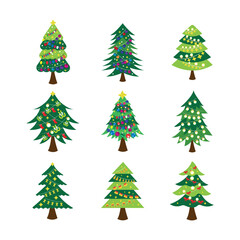 Set of Christmas trees in flat style. Collection of pine tree with decoration for Christmas.