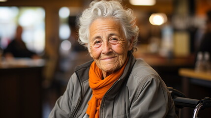 Portrait of a senior woman sitting in a wheelchair at the cafe