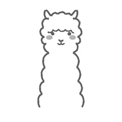 ふわふわのアルパカのイラスト（正面向きの顔）白黒