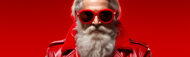 Close-up portrait of Santa Claus in red sunglasses on a red background.
