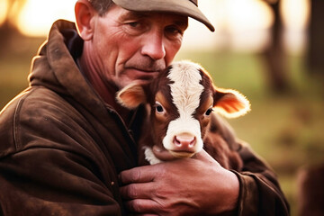A farmer holds a newborn calf in his arms. Animal husbandry and agriculture. The birth of a calf on a small farm. Cattle breeding. Livestock farming in rural areas. - obrazy, fototapety, plakaty