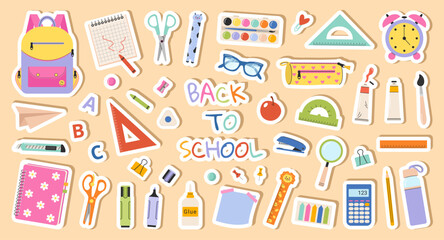 Back to school stickers vector. Set of cartoon school supplies isolated. Suitable for printing, cards, scrapbooking, notepads.