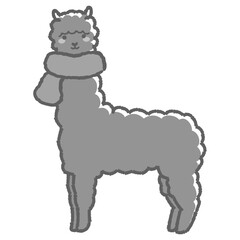 マフラーを巻いたふわふわのアルパカのイラスト（全身）白黒