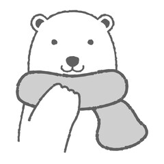 マフラーを巻いたシロクマのイラスト（正面の顔）白黒