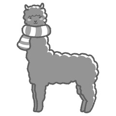 マフラーを巻いたふわふわのアルパカのイラスト（全身）白黒