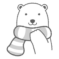 マフラーを巻いたシロクマのイラスト（正面の顔）白黒