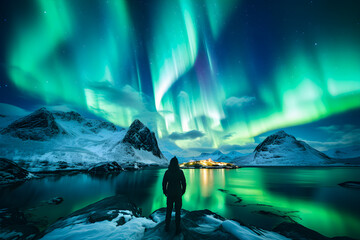 The mountaineer looks admiringly at the northern lights or Aurora phenomenon. Generative Ai. - obrazy, fototapety, plakaty
