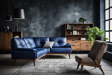 dark blue sofa and recliner chair in sanding