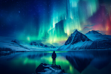 The mountaineer looks admiringly at the northern lights or Aurora phenomenon. Generative Ai. - obrazy, fototapety, plakaty