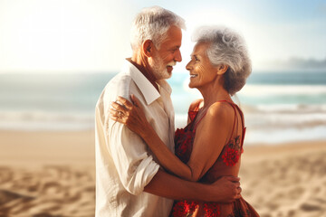 An elderly couple in love, a man and a woman, are hugging on the beach by the sea. Older lovers are happy. Seniors dating. Relationships in old age. Love and romance.