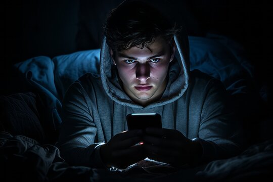Caucasian teenager boy in grey hoodie using smartphone for playing multiplayer online battle arena game with his friend team but hide in bed at night