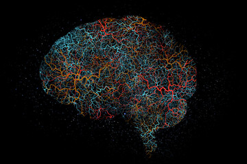 Brain graphic, neon neuro pattern and digital illustration with science hologram and mind connections. Black background and neuroscience pathway of intelligence, anatomy system and cerebral lines - obrazy, fototapety, plakaty