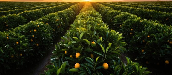 Sunset aerial views of orange tree rows in a plantation With copyspace for text