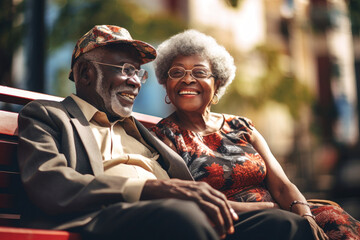 An elderly dark-skinned couple, a man and a woman, are hugging on a bench in the park. They enjoy communication. Date. Older African American lovers. Relationships in old age. Love and romance.