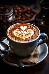 A cup of coffee with creamy milk forming a heart design on the surface, in a white cup on the table. Coffee Art, Top view