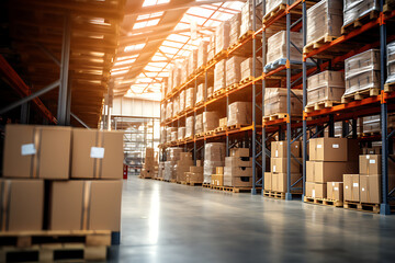 Logistics company, warehouse, cardboard boxes and shelves with parcels. Customs warehouse specialist. Warehouse delivery service. distribution warehouse - Powered by Adobe