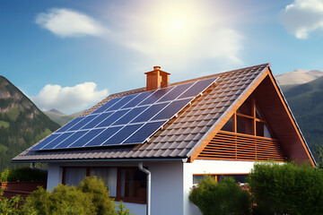 Fototapeta premium Solar cells on the roof of the house and sunlight on the roof of the house have a beautiful sky with a sunset. Alternative sources of electricity. Sustainable resource storage